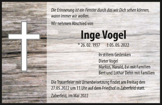 Traueranzeige von Inge Vogel von GESAMT
