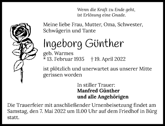 Traueranzeige von Ingeborg Günther von GESAMT