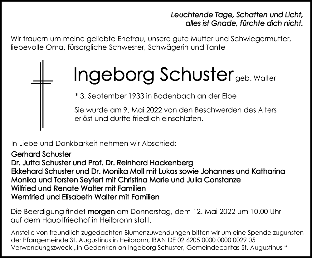  Traueranzeige für Ingeborg Schuster vom 11.05.2022 aus GESAMT