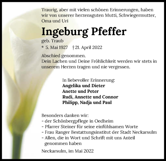 Traueranzeige von Ingeburg Pfeffer von GESAMT