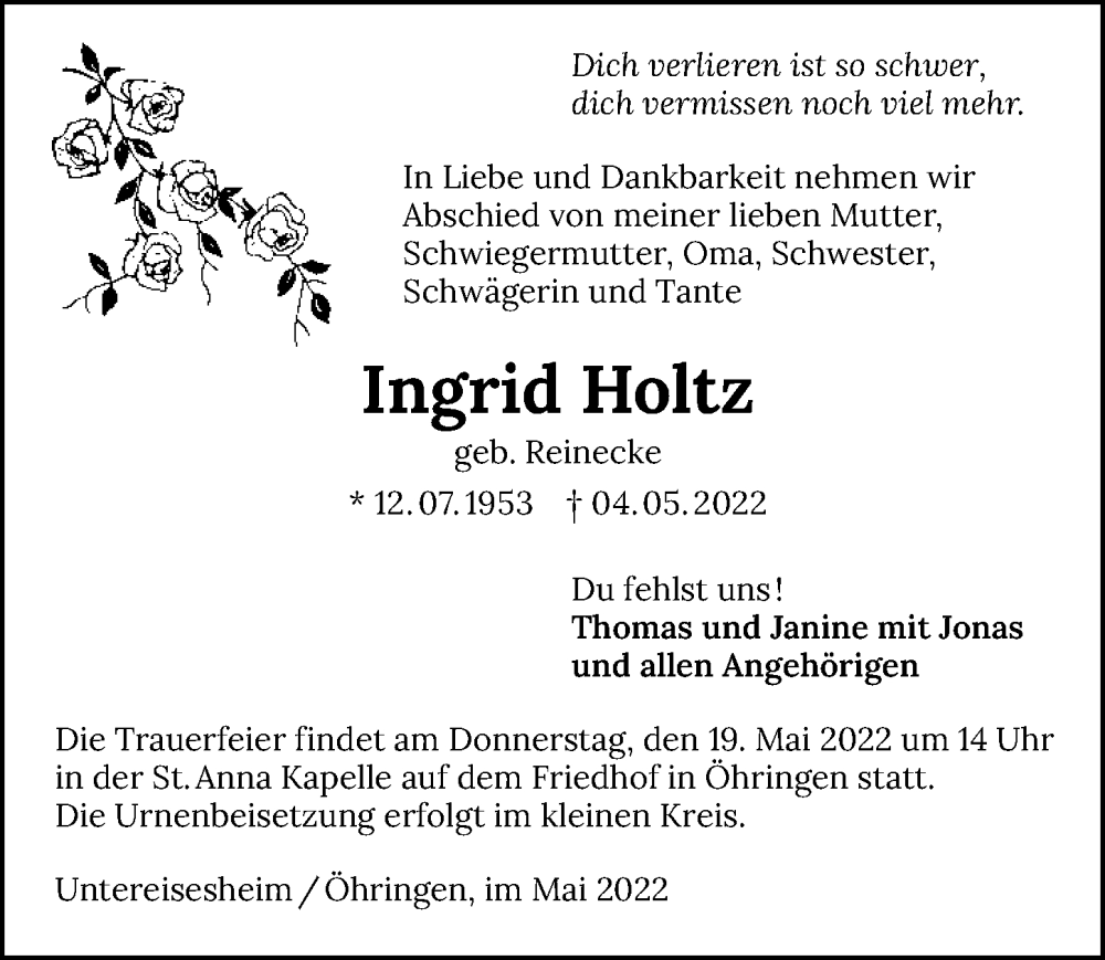  Traueranzeige für Ingrid Holtz vom 14.05.2022 aus GESAMT