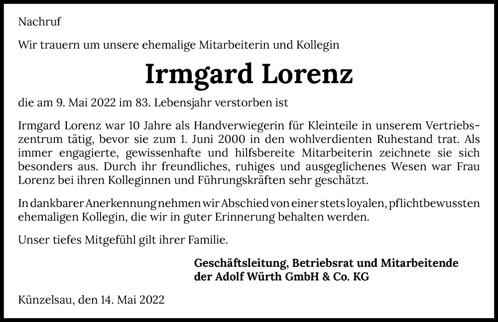  Traueranzeige für Irmgard Lorenz vom 14.05.2022 aus GESAMT