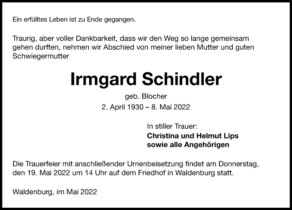  Traueranzeige für Irmgard Schindler vom 16.05.2022 aus GESAMT