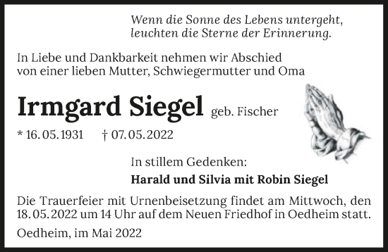 Traueranzeige von Irmgard Siegel von GESAMT