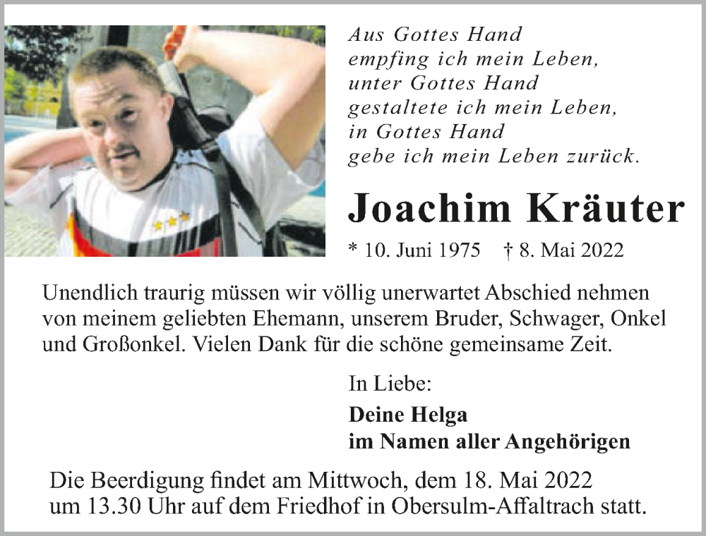  Traueranzeige für Joachim Kräuter vom 14.05.2022 aus GESAMT