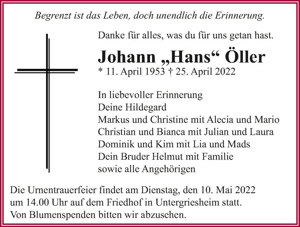  Traueranzeige für Johann Öller vom 04.05.2022 aus GESAMT