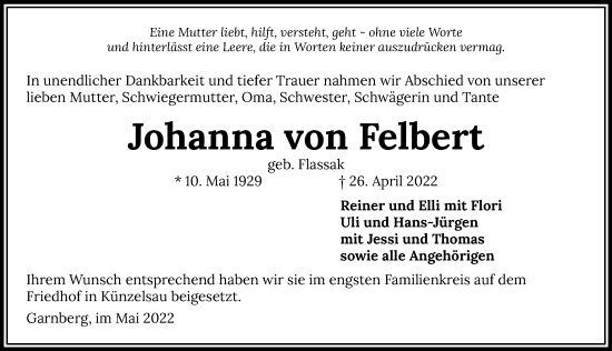 Traueranzeige von Johanna von Felbert von GESAMT