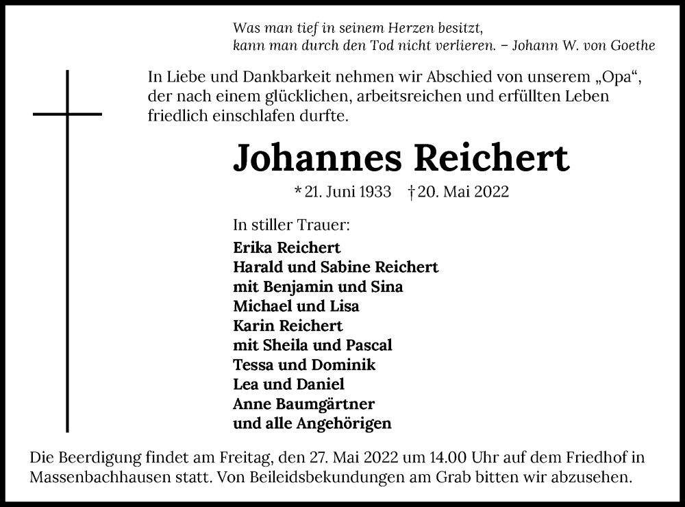  Traueranzeige für Johannes Reichert vom 24.05.2022 aus GESAMT