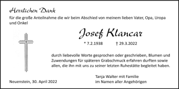 Traueranzeige von Josef Klancar von GESAMT