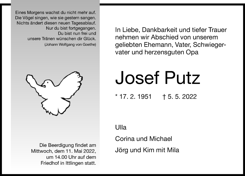  Traueranzeige für Josef Putz vom 07.05.2022 aus GESAMT