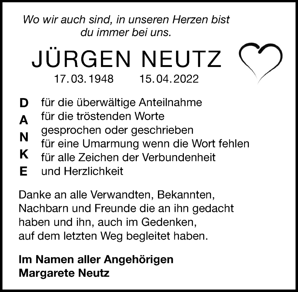  Traueranzeige für Jürgen Neutz vom 07.05.2022 aus GESAMT