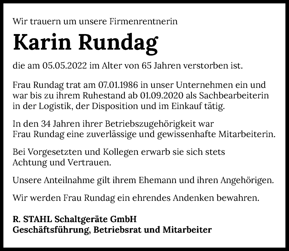  Traueranzeige für Karin Rundag vom 23.05.2022 aus GESAMT