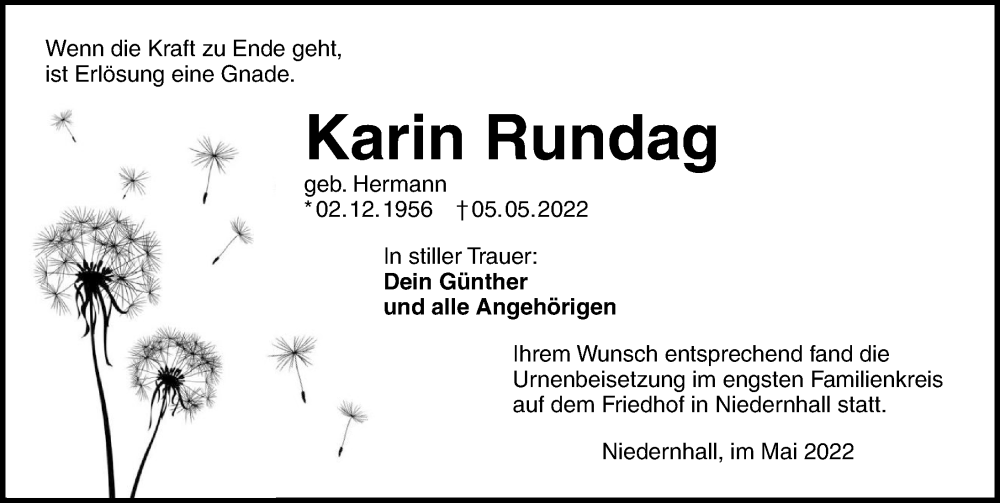  Traueranzeige für Karin Rundag vom 20.05.2022 aus GESAMT