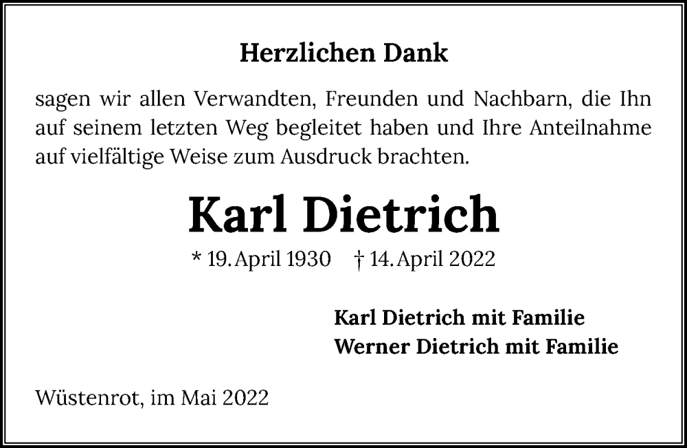  Traueranzeige für Karl Dietrich vom 21.05.2022 aus GESAMT