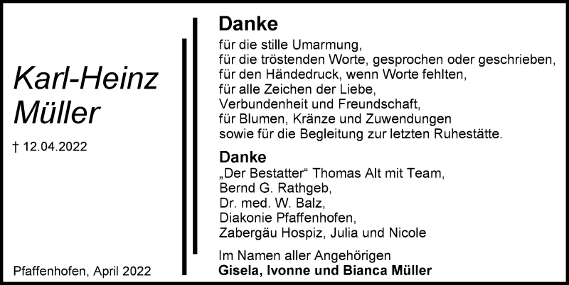  Traueranzeige für Karl-Heinz Müller vom 30.04.2022 aus GESAMT