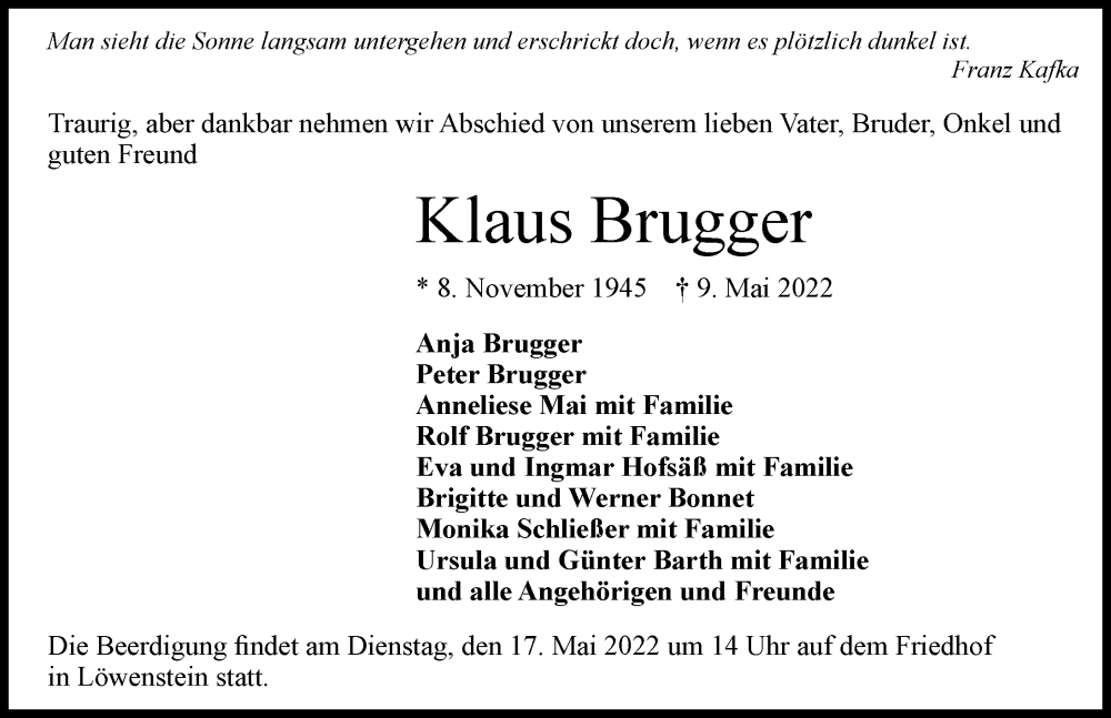  Traueranzeige für Klaus Brugger vom 12.05.2022 aus GESAMT