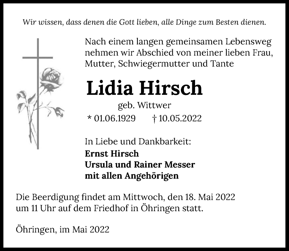  Traueranzeige für Lidia Hirsch vom 14.05.2022 aus GESAMT
