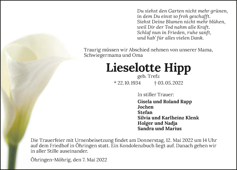  Traueranzeige für Liselotte Hipp vom 07.05.2022 aus GESAMT