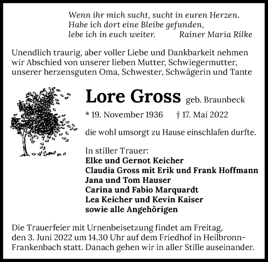 Traueranzeige von Lore Gross von GESAMT