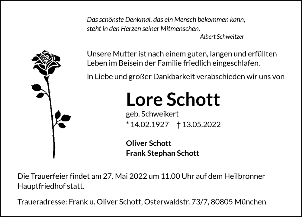  Traueranzeige für Lore Schott vom 21.05.2022 aus GESAMT