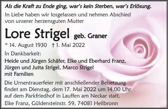 Traueranzeige von Lore Strigel von GESAMT
