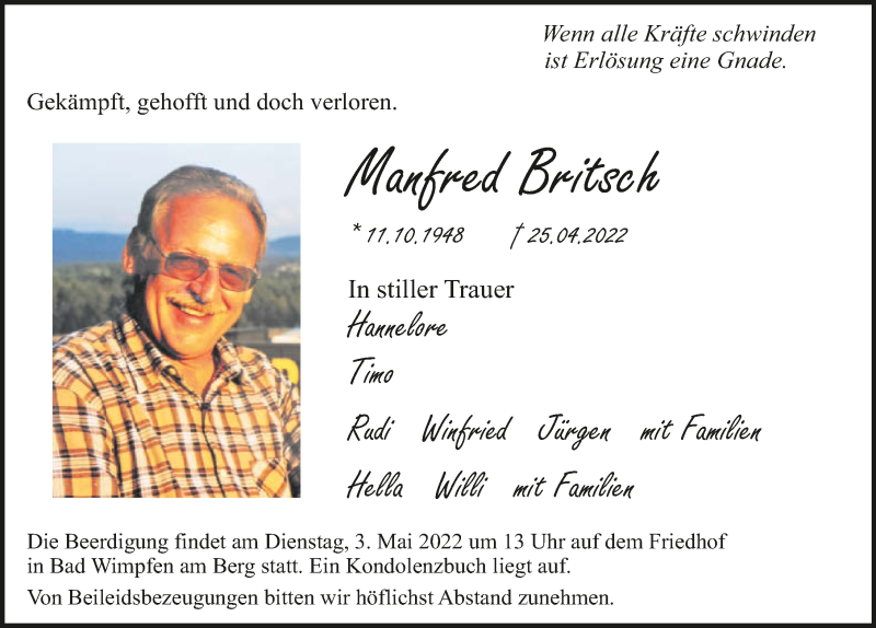  Traueranzeige für Manfred Britsch vom 30.04.2022 aus GESAMT