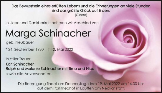 Traueranzeige von Marga Schinacher von GESAMT