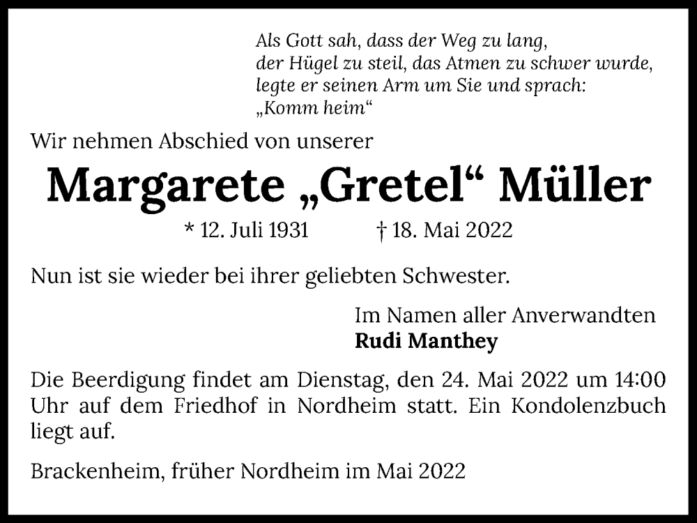 Traueranzeige für Margarete Müller vom 21.05.2022 aus GESAMT