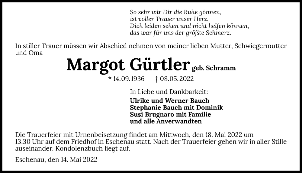  Traueranzeige für Margot Gürtler vom 14.05.2022 aus GESAMT