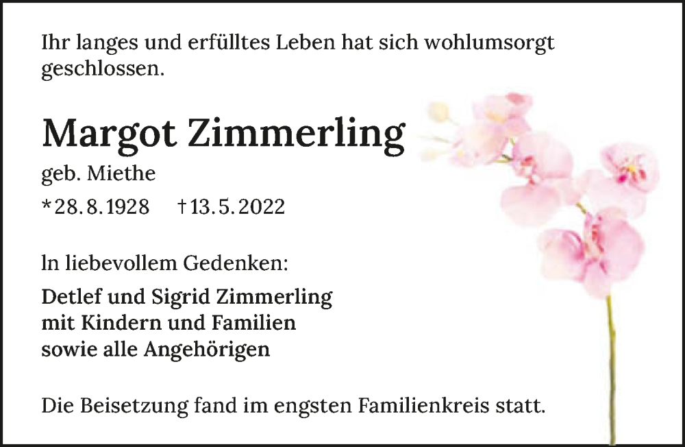  Traueranzeige für Margot Zimmerling vom 21.05.2022 aus GESAMT