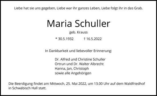 Traueranzeige von Maria Schuller von GESAMT
