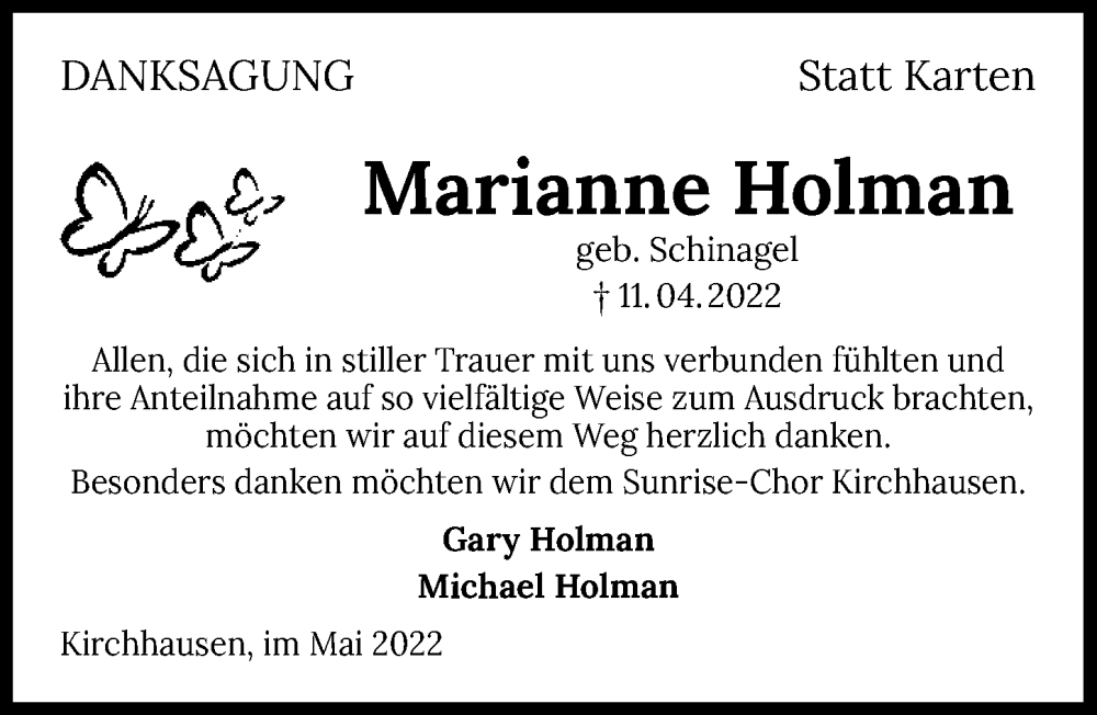  Traueranzeige für Marianne Holman vom 14.05.2022 aus GESAMT