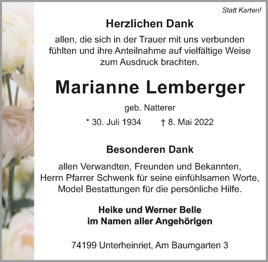 Traueranzeige von Marianne Lemberger von GESAMT