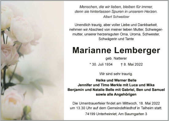 Traueranzeige von Marianne Lemberger von GESAMT
