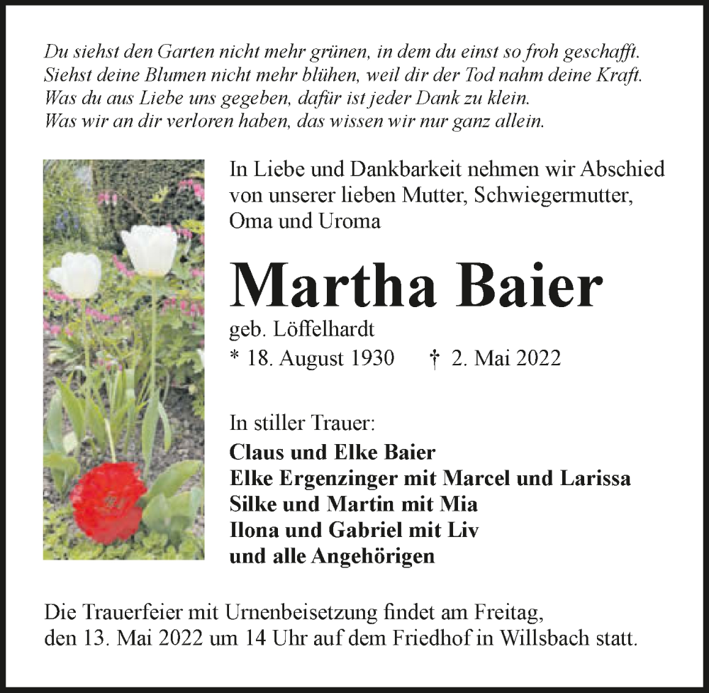  Traueranzeige für Martha Baier vom 07.05.2022 aus GESAMT