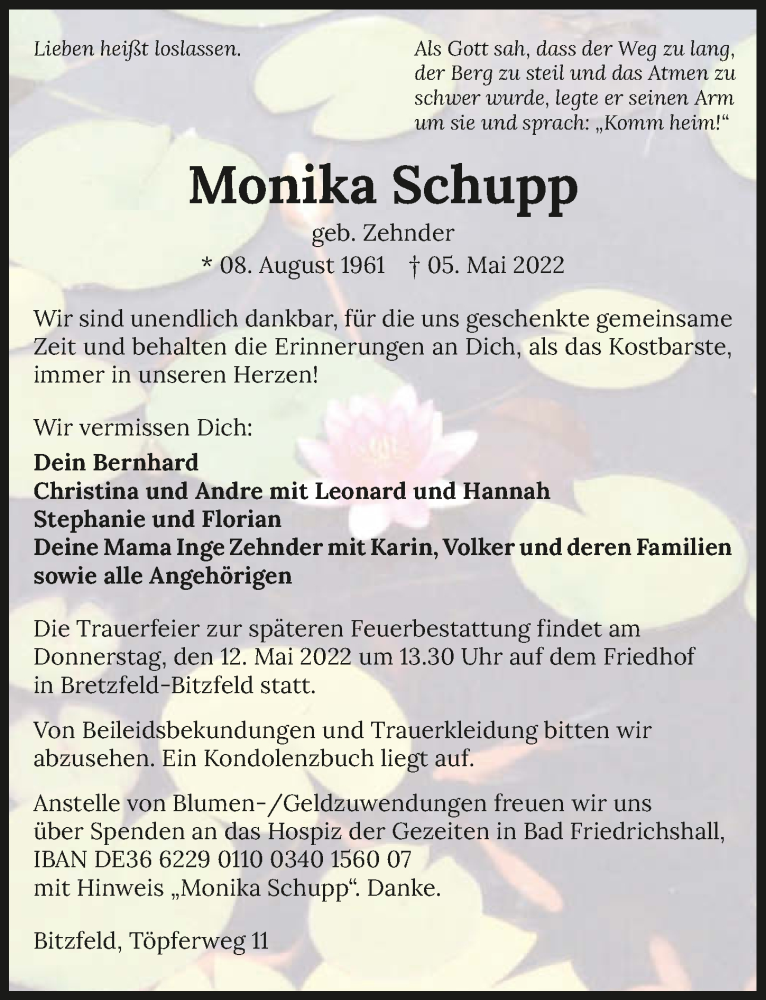  Traueranzeige für Monika Schupp vom 10.05.2022 aus GESAMT