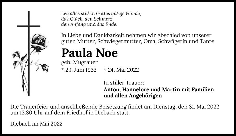  Traueranzeige für Paula Noe vom 28.05.2022 aus GESAMT