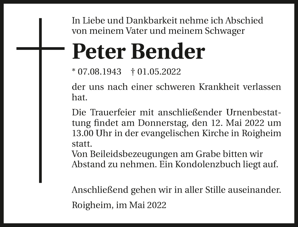  Traueranzeige für Peter Bender vom 06.05.2022 aus GESAMT