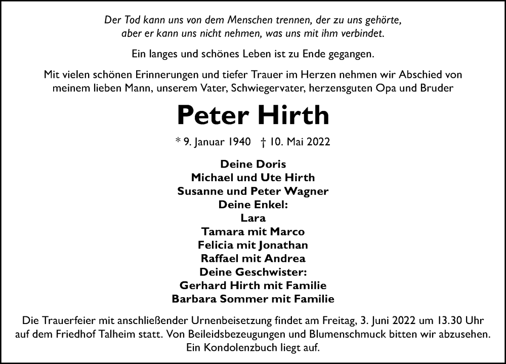  Traueranzeige für Peter Hirth vom 28.05.2022 aus GESAMT