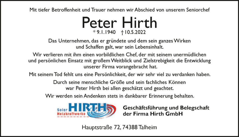  Traueranzeige für Peter Hirth vom 28.05.2022 aus GESAMT