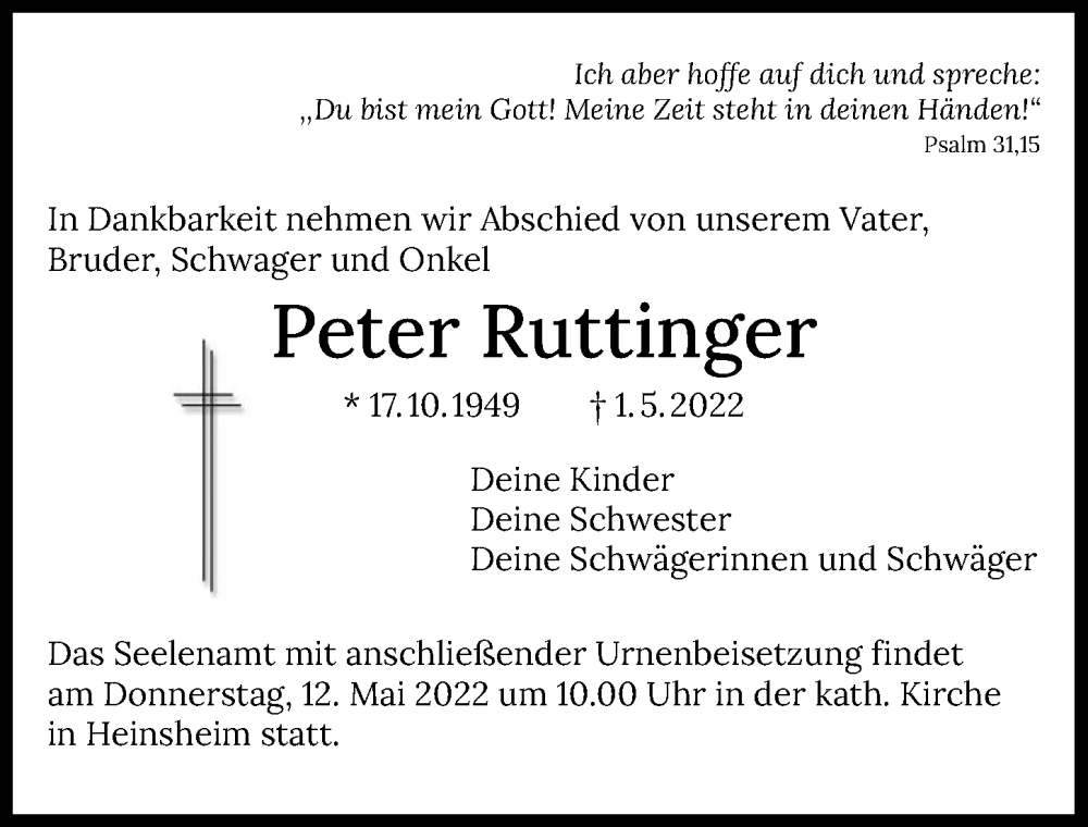  Traueranzeige für Peter Ruttinger vom 07.05.2022 aus GESAMT