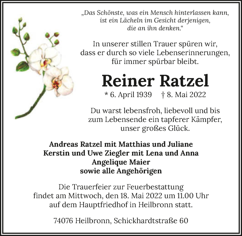  Traueranzeige für Reiner Ratzel vom 14.05.2022 aus GESAMT