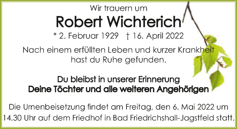  Traueranzeige für Robert Wichterich vom 30.04.2022 aus GESAMT