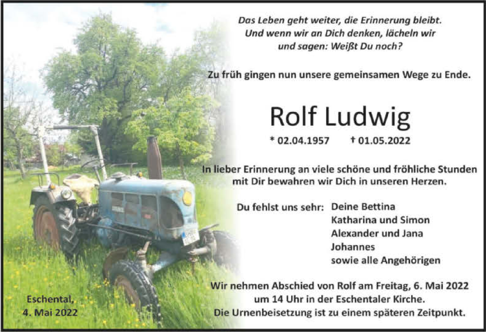  Traueranzeige für Rolf Ludwig vom 04.05.2022 aus GESAMT