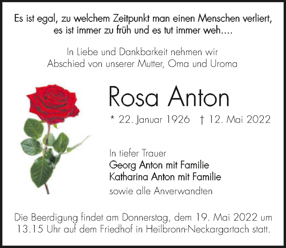  Traueranzeige für Rosa Anton vom 14.05.2022 aus GESAMT