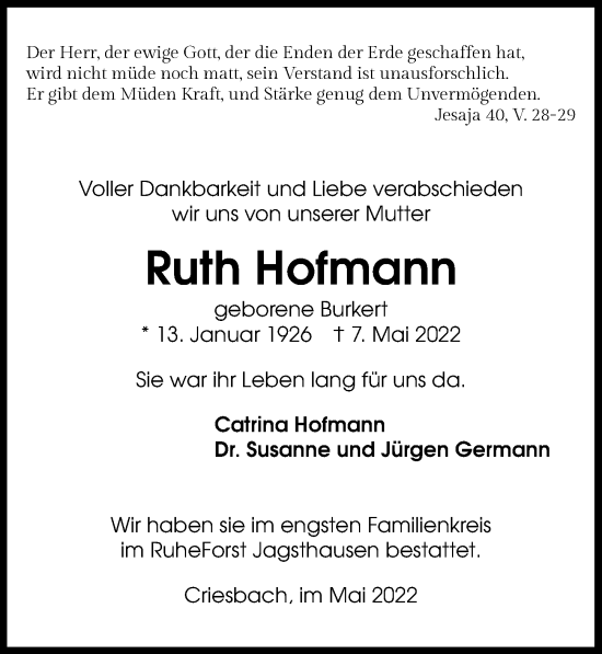 Traueranzeige von Ruth Hofmann von GESAMT