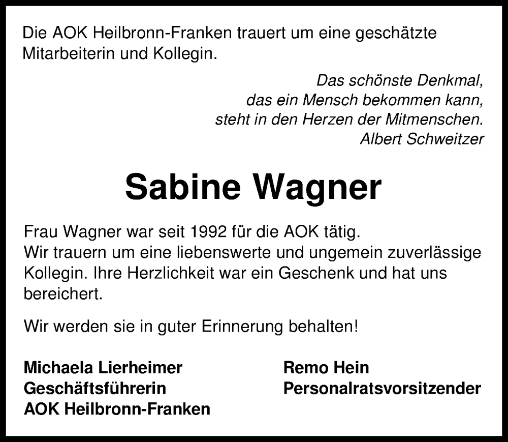 Traueranzeige für Sabine Wagner vom 07.05.2022 aus GESAMT