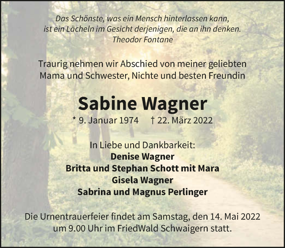  Traueranzeige für Sabine Wagner vom 07.05.2022 aus GESAMT