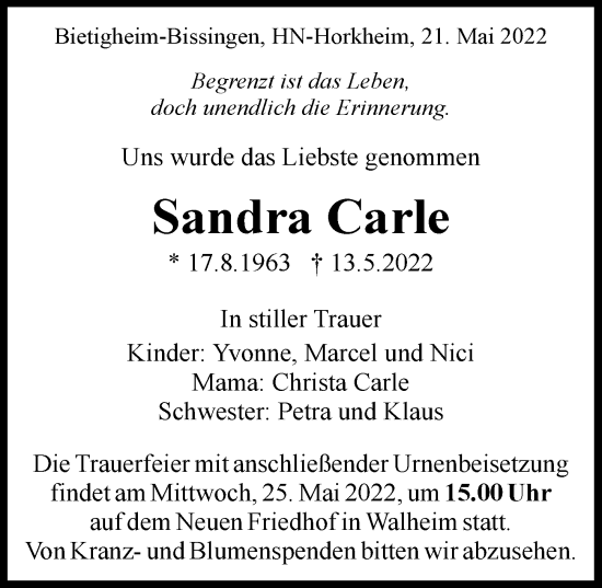 Traueranzeige von Sandra Carle von GESAMT