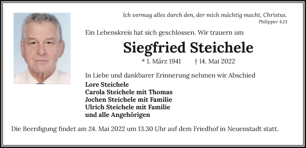  Traueranzeige für Siegfried Steichele vom 21.05.2022 aus GESAMT